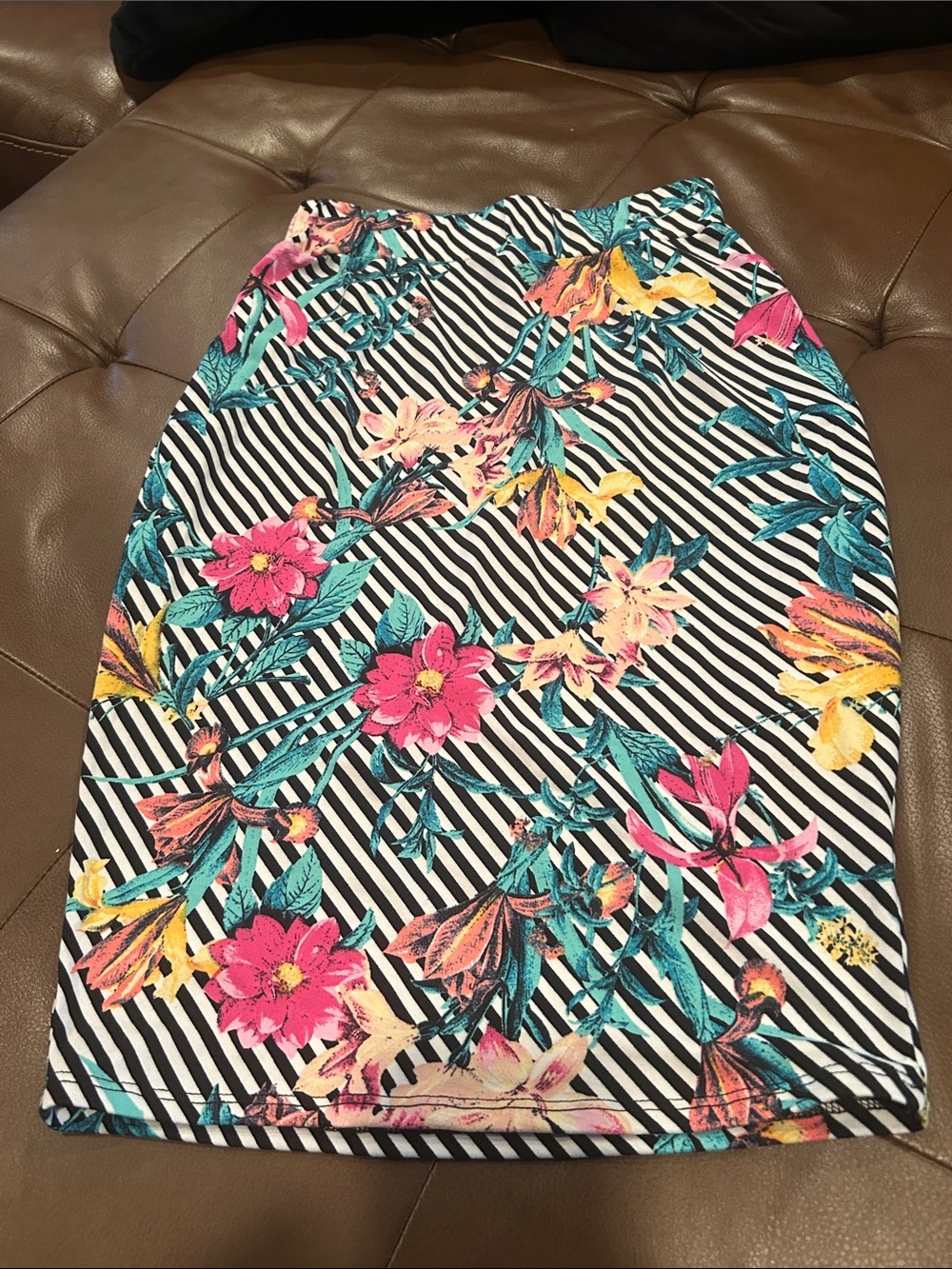 Floral Striped Pencil Skirt in Black, White & Pink